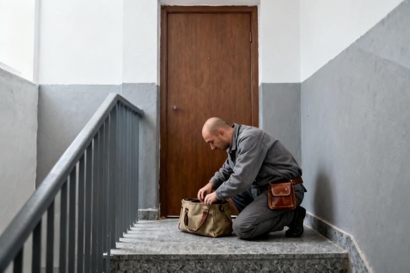 Zárszerelő guggol, és becsukja a szerszámtáskát.